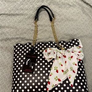 Betsey Johnson Black and White Polka Dot Tote with Floral Bow